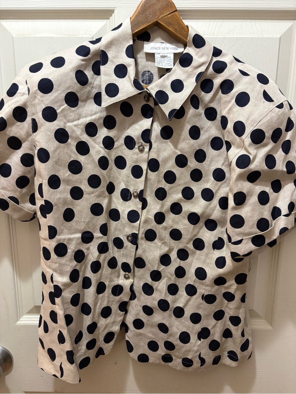 Jones New York Beige Button-Up Polka Dot Blouse